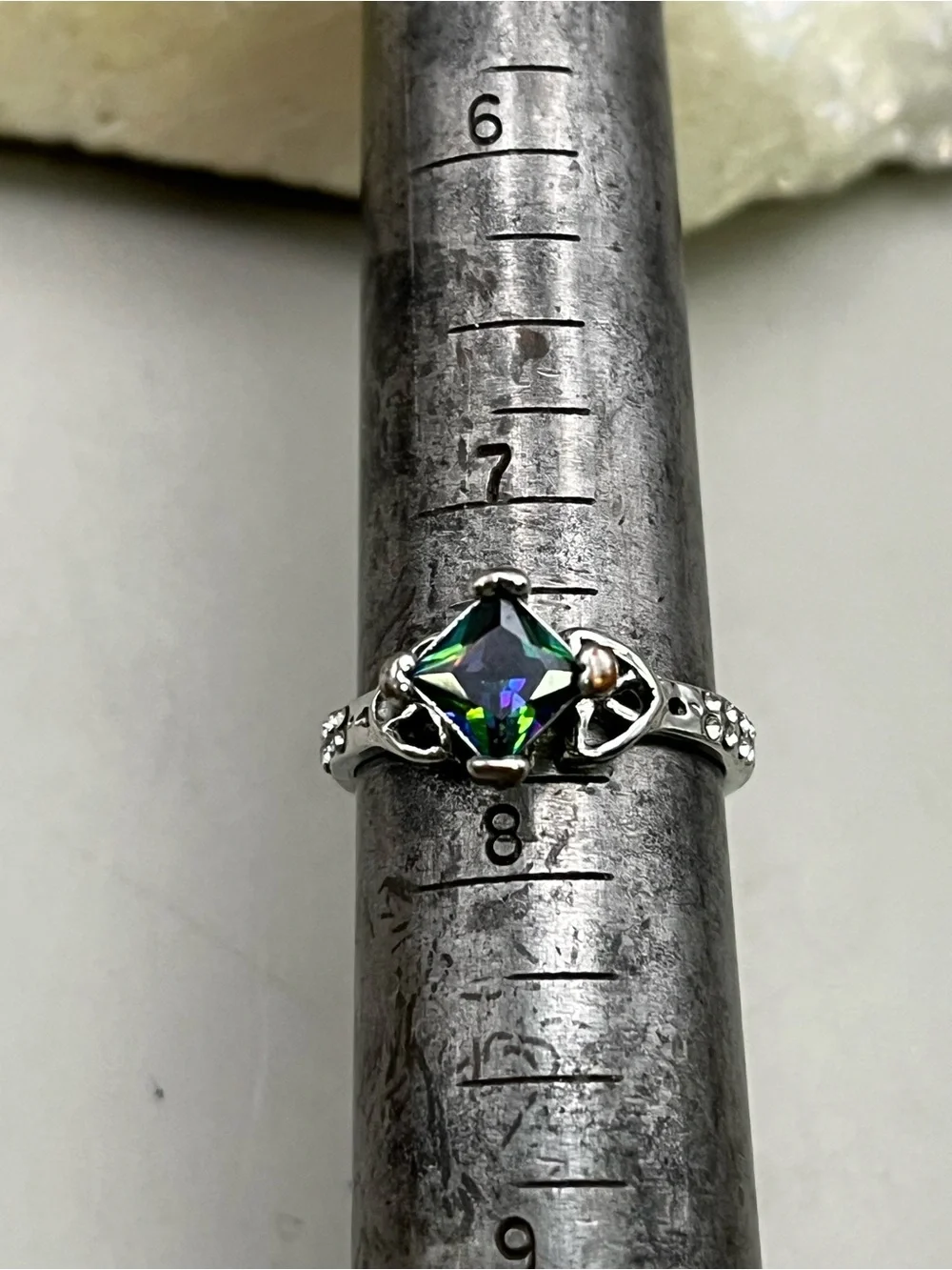 Mystic Topaz Ring Size 7.5 Silver Celtic Knot Princess Cut Rainbow Aurora